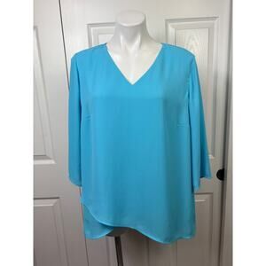 JM Collection Women's 3/4 Sleeve Top Blue Size Large V-Neck Relaxed Fit